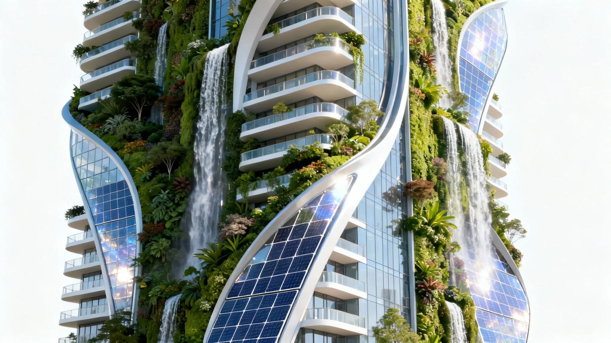 A photorealistic image of a futuristic, eco-friendly skyscraper with vertical gardens and waterfalls, representing future architecture, set against a clean white background.