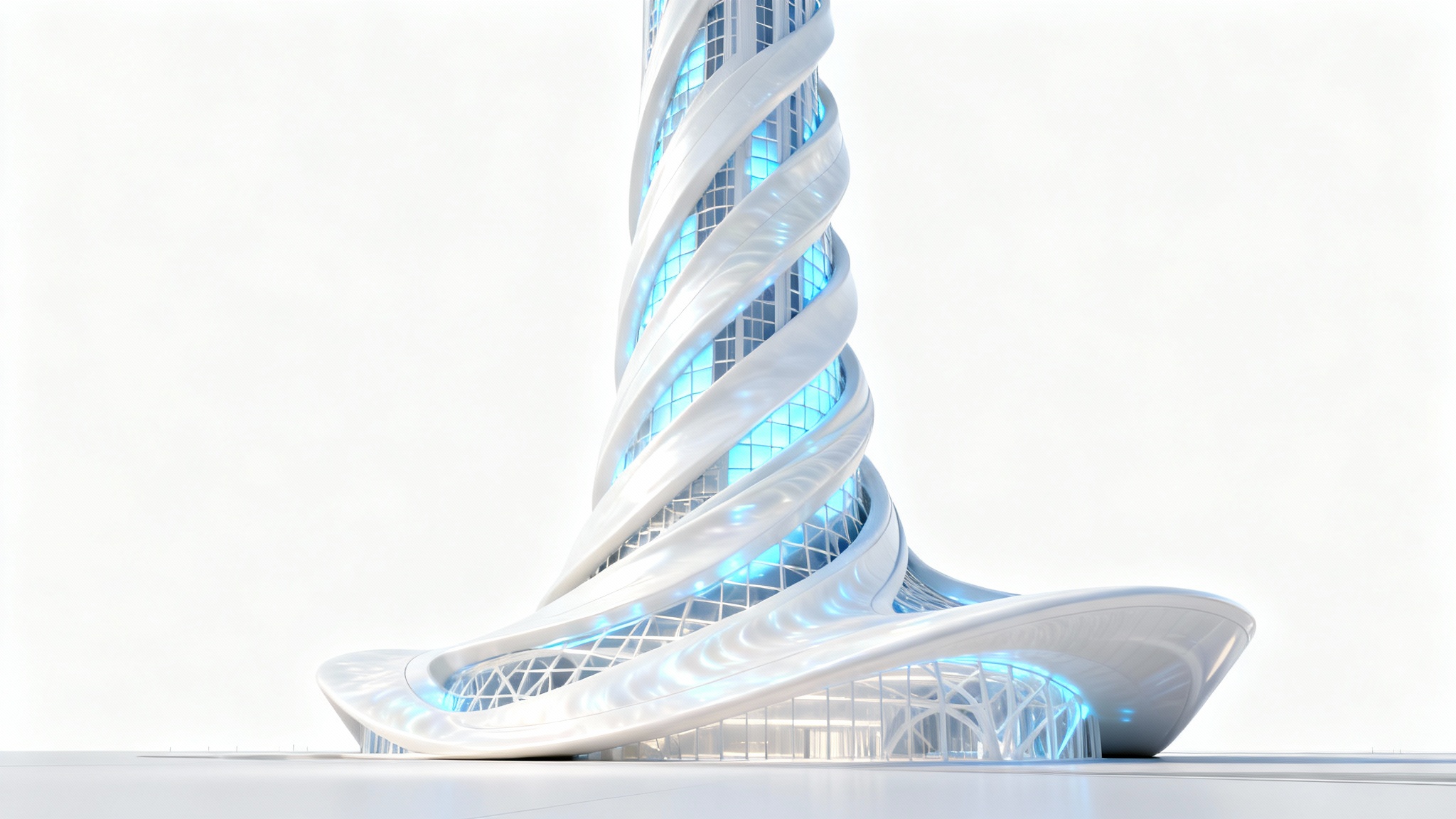 A photorealistic mockup of a futuristic, twisting skyscraper with a white, pearlescent facade and glowing blue light panels, set against a clean white background.