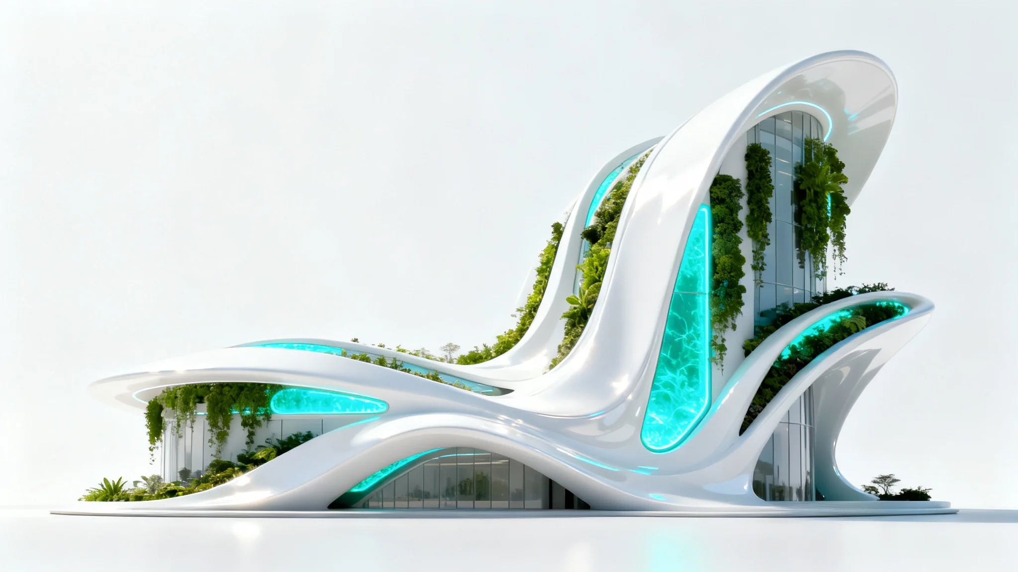A futuristic building with sleek, white, curved structures and integrated vertical gardens, showcased against a plain white background to highlight its innovative architectural design.