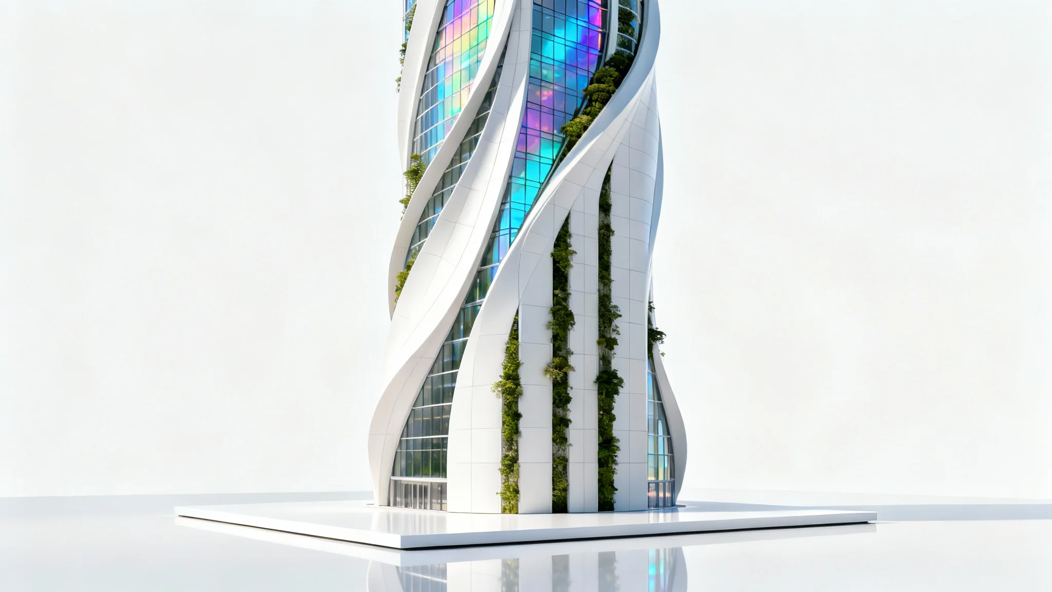 An architectural model of a futuristic, eco-friendly skyscraper with flowing curves and integrated greenery, set against a clean white background.