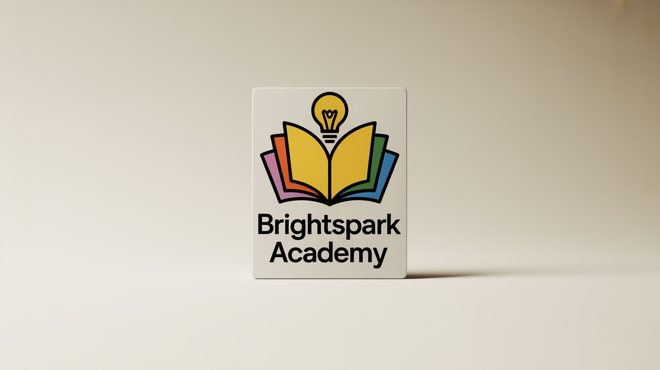 A professionally designed logo for 'BrightSpark Academy' on a clean background. The logo features a yellow book transforming into a light bulb, symbolizing knowledge and innovation, representing the final output of a logo design tool.