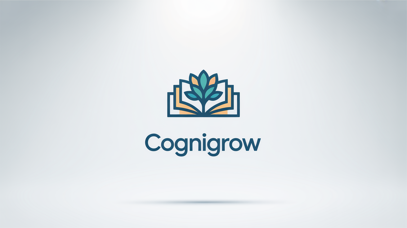 A modern logo mockup for a learning company named 'CogniGrow', featuring a stylized open book with a blue and teal tree growing from its pages, set against a white background.