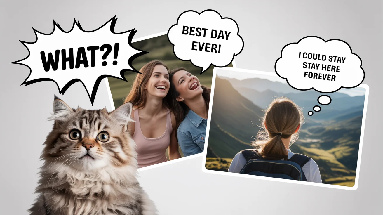 A vibrant hero image displaying three photos with custom speech bubbles added: a surprised cat saying 'WHAT?!', two laughing friends with a bubble saying 'Best Day Ever!', and a travel photo with a thought bubble saying 'I could stay here forever'.
