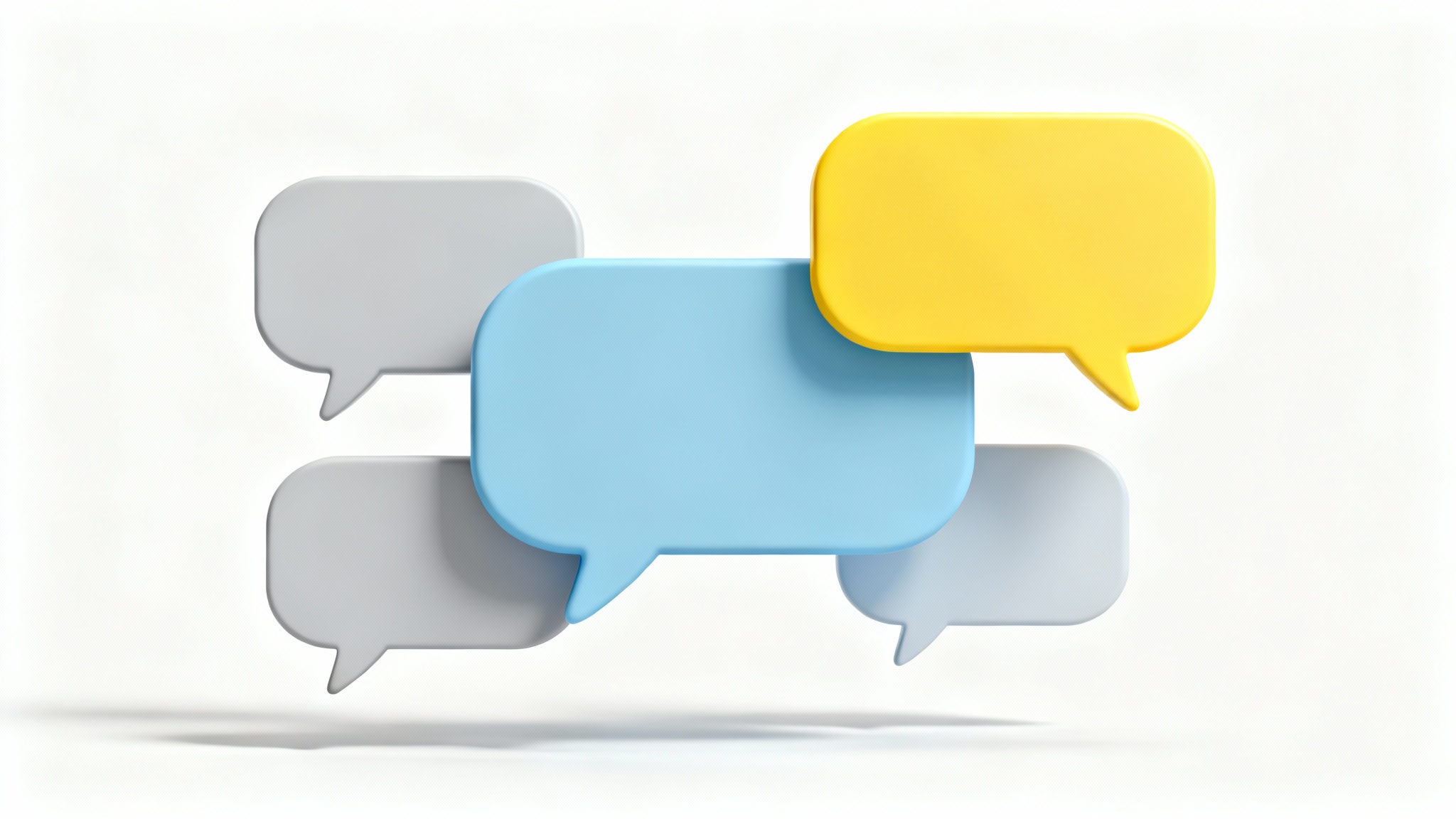 A minimalist 3D illustration of several speech bubbles in gray, blue, and yellow floating against a clean white background.