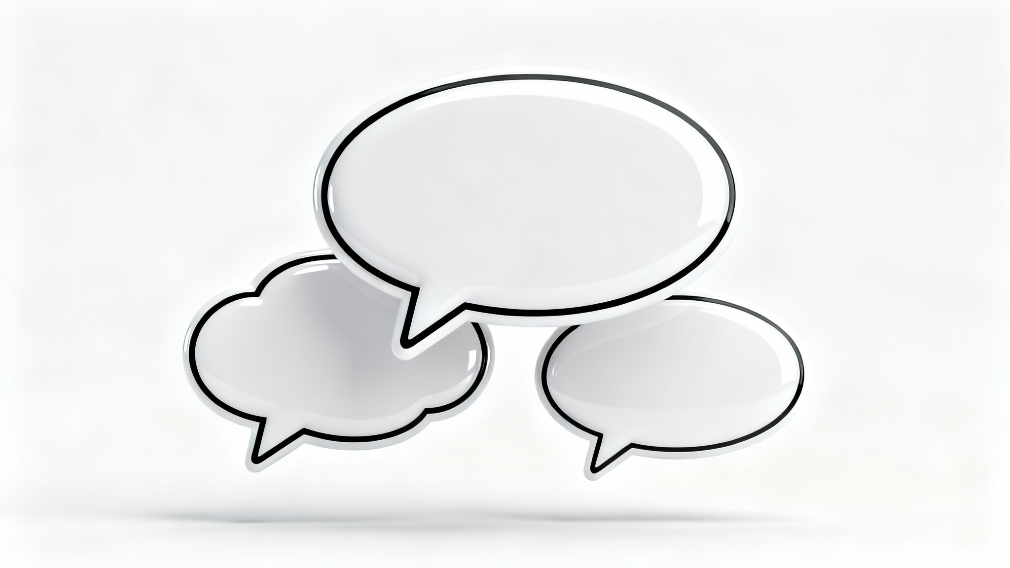 A collection of clean, 3D-style white speech bubbles and thought bubbles with black outlines, floating against a plain white background.