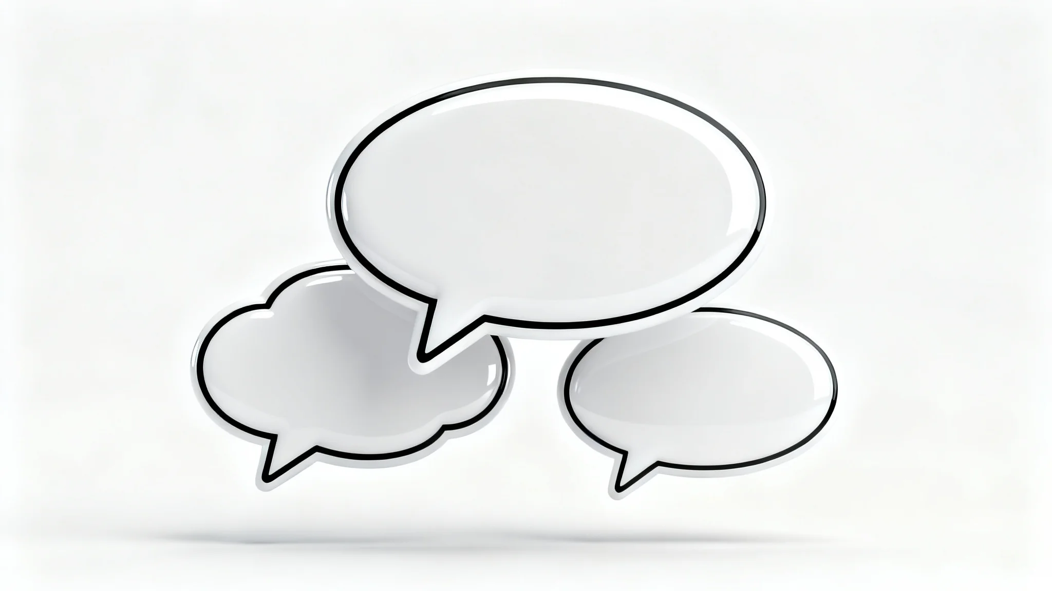 A collection of clean, 3D-style white speech bubbles and thought bubbles with black outlines, floating against a plain white background.