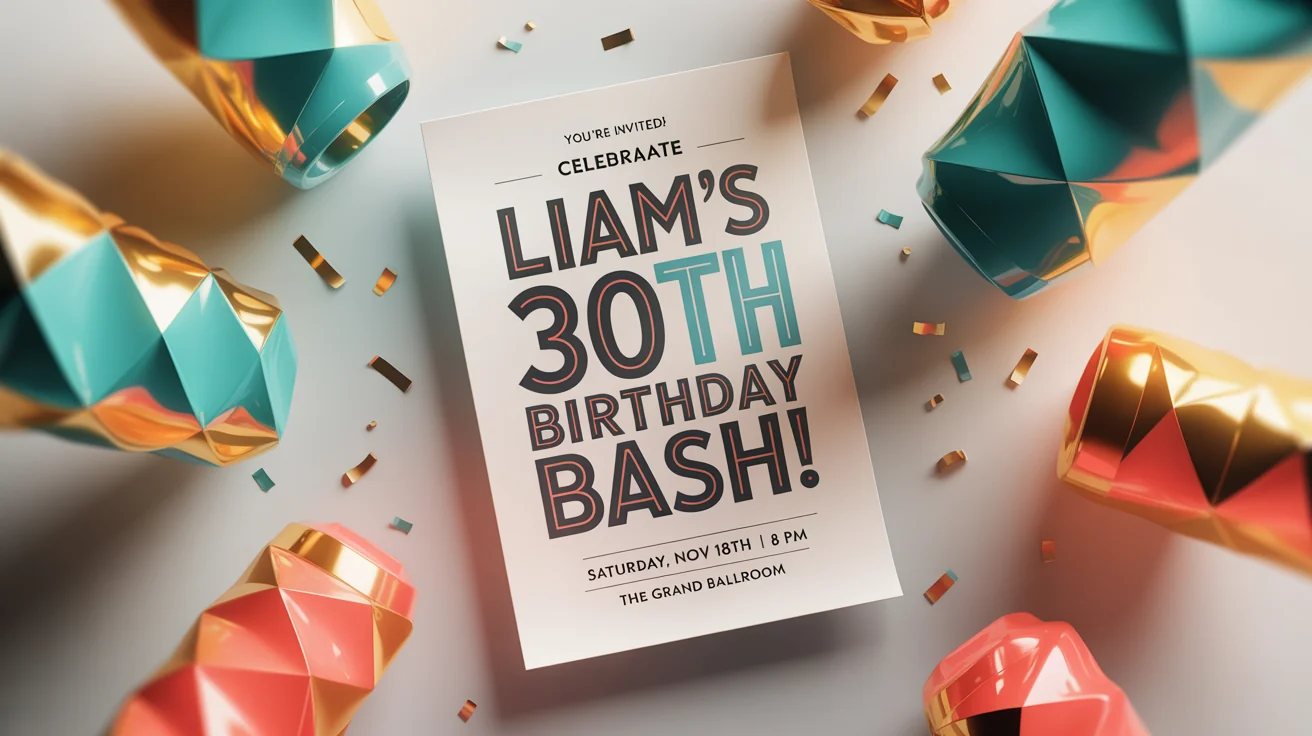 A vibrant and modern birthday flyer for 'Liam's 30th Birthday Bash' laid flat on a gray surface, surrounded by scattered confetti.