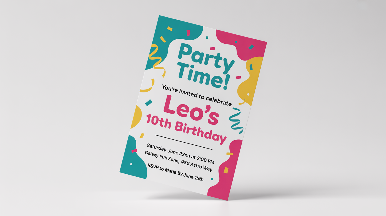 A colorful birthday party flyer mockup for a 10-year-old named Leo, featuring playful graphics and clear event details, displayed on a clean white background.
