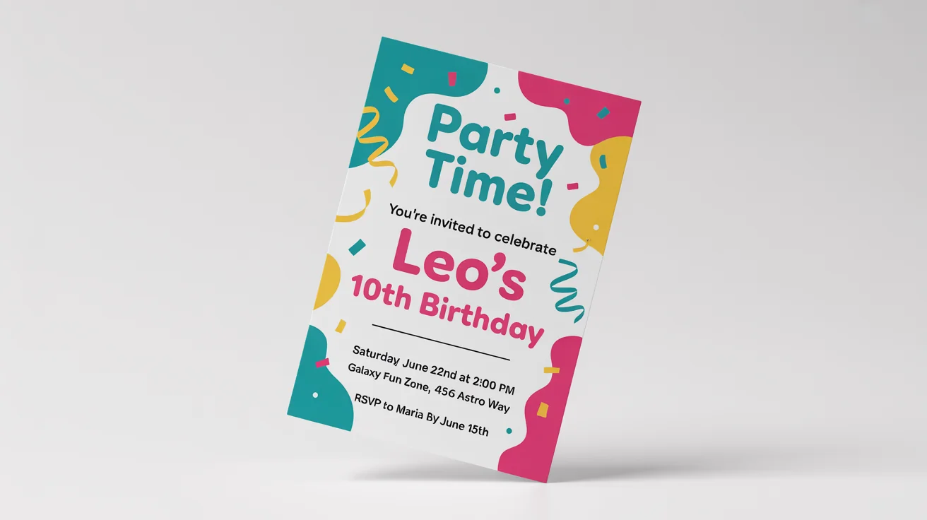 A colorful birthday party flyer mockup for a 10-year-old named Leo, featuring playful graphics and clear event details, displayed on a clean white background.