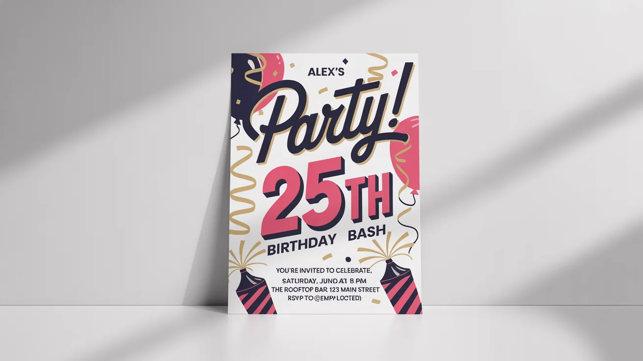 A modern and colorful birthday party flyer mockup on a white background. The flyer uses navy, pink, and gold to invite guests to Alex's 25th Birthday Bash.