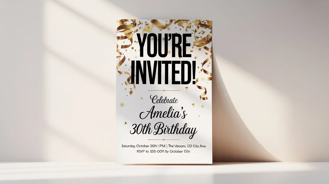 A modern birthday flyer mockup for 'Amelia's 30th Birthday', featuring gold foil accents and elegant typography on a white background.