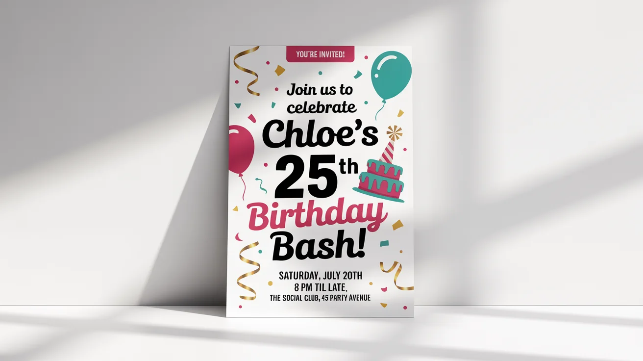 A modern and colorful birthday party flyer mockup for 'Chloe's 25th Birthday Bash!'. The design features confetti and balloon graphics with event details, displayed against a plain white background.