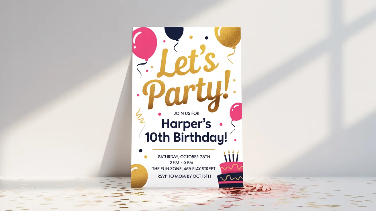 A vibrant birthday party flyer mockup for 'Harper's 10th Birthday!', featuring gold, pink, and blue colors, with confetti and balloon graphics, all displayed on a clean white background.