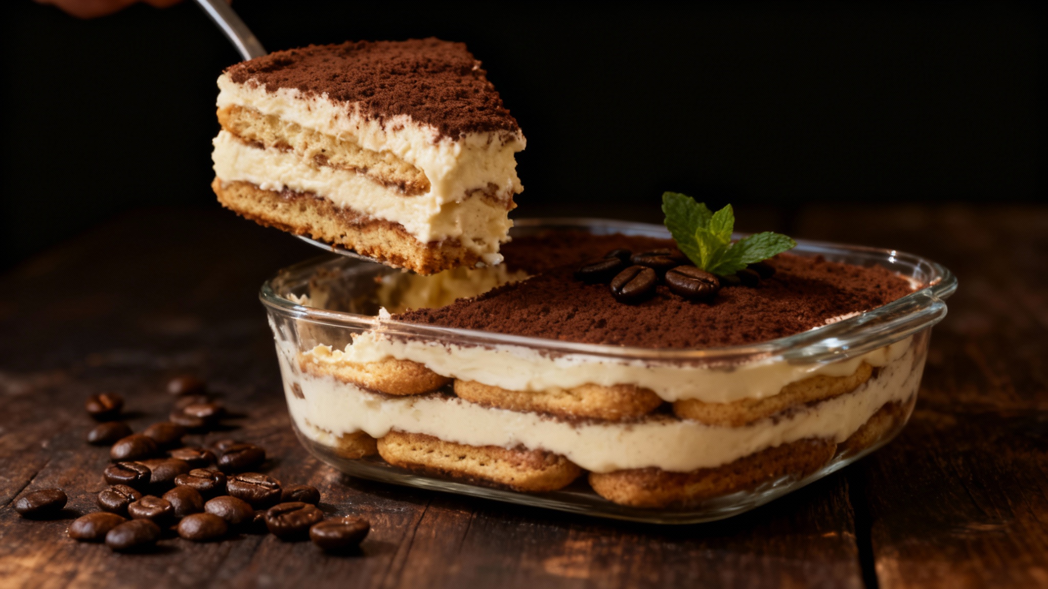 A cinematic, professional photograph of a slice of tiramisu being lifted from a dish, showcasing its perfect layers of cream and ladyfingers under dramatic lighting.