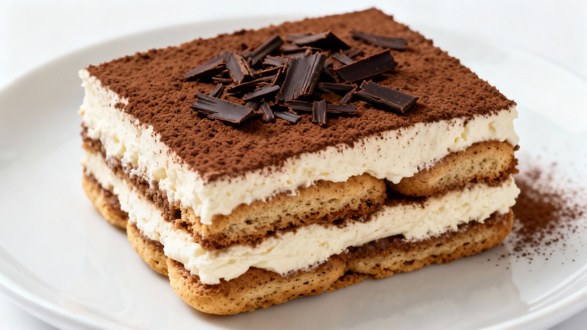 A hyper-realistic, professional food photograph of a perfect slice of tiramisu on a white plate, set against a solid white background. The dessert shows clear layers of cream and coffee-soaked sponge, topped with a heavy dusting of cocoa powder.