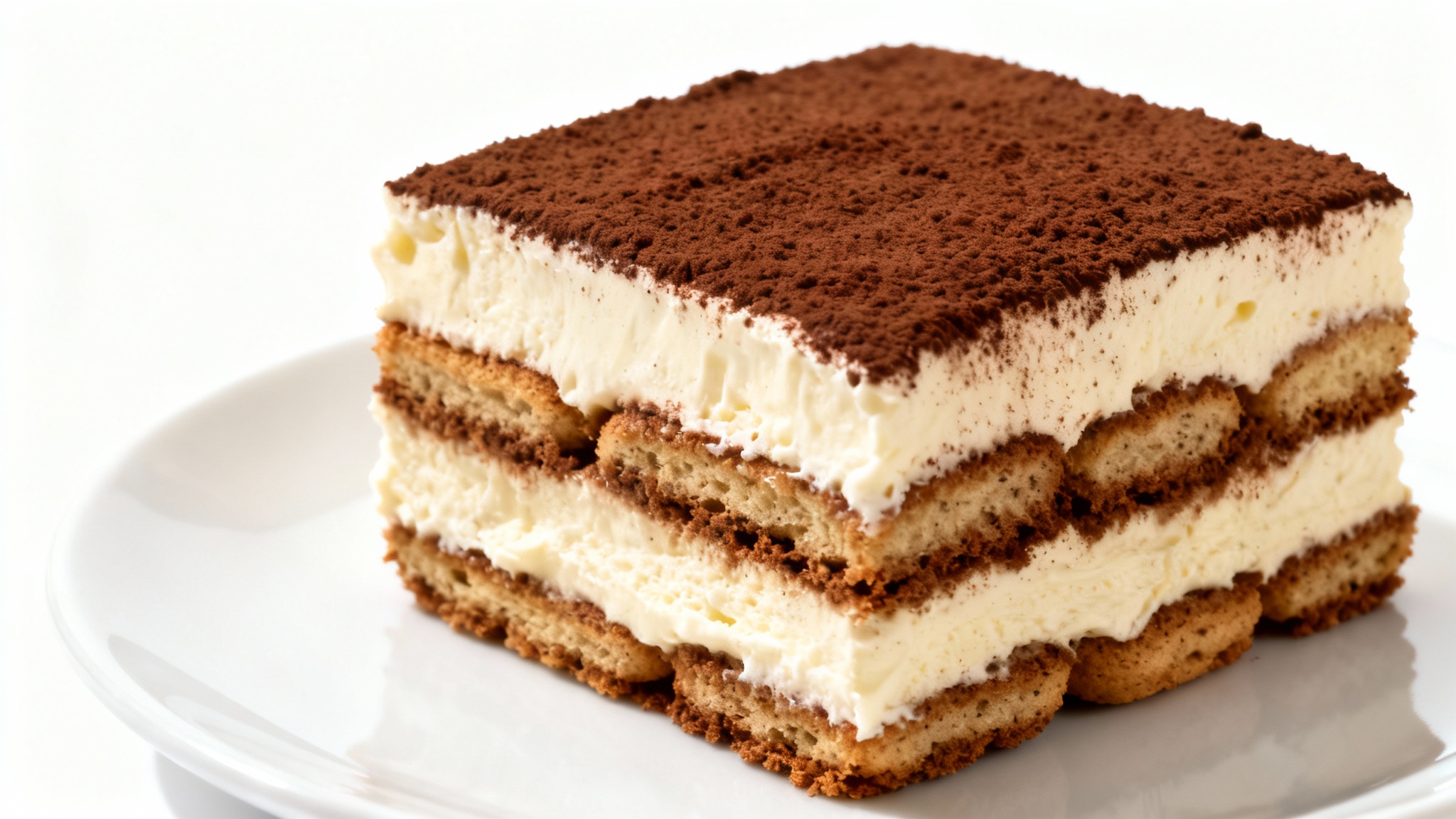 A hyper-realistic, professionally styled photograph of a single slice of tiramisu on a white plate, set against a clean white background, highlighting its delicious layers of cream and cocoa.