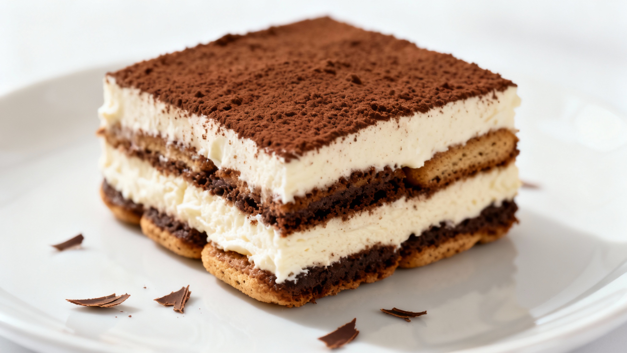 A decadent slice of multi-layered tiramisu on a white plate, generously dusted with cocoa powder, presented in a professional food photography style against a clean white background.