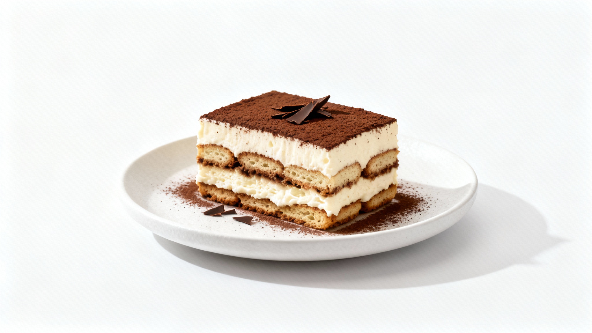 A professional food photograph of a perfect slice of tiramisu, showcasing its layers of cream and coffee-soaked biscuits, dusted with cocoa powder on a white plate against a clean white background.