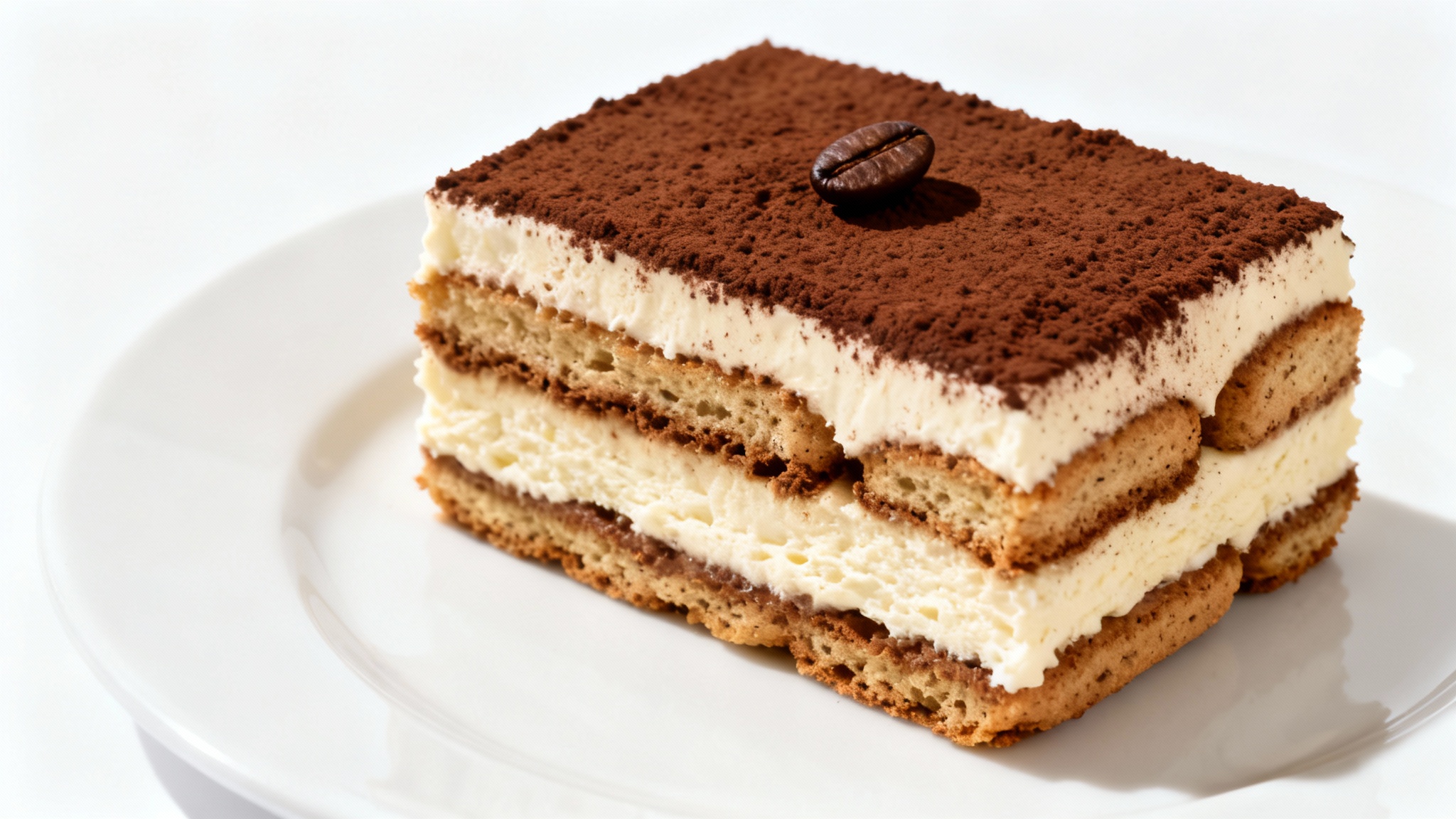 A hyper-realistic photo of a single, elegant slice of tiramisu on a white plate, showcasing its distinct layers and cocoa powder dusting against a solid white background.