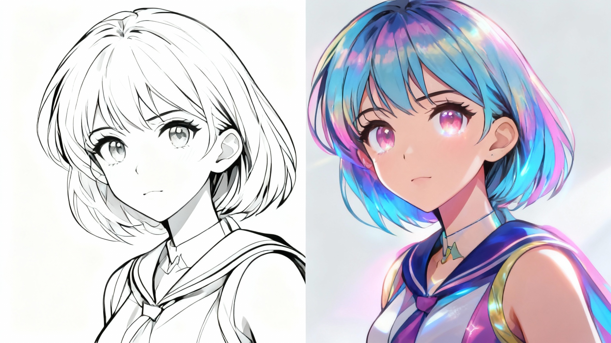 A split-screen image comparing a black and white anime sketch to its fully colored version. The left side is a line drawing of a female character; the right side is the same character beautifully colored with vibrant pastel colors and glowing effects.