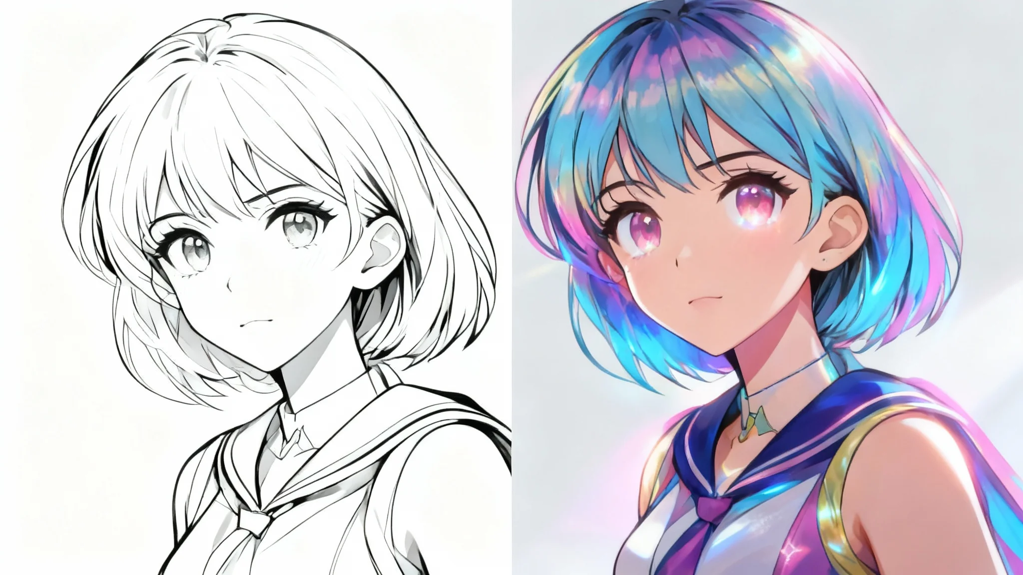 A split-screen image comparing a black and white anime sketch to its fully colored version. The left side is a line drawing of a female character; the right side is the same character beautifully colored with vibrant pastel colors and glowing effects.