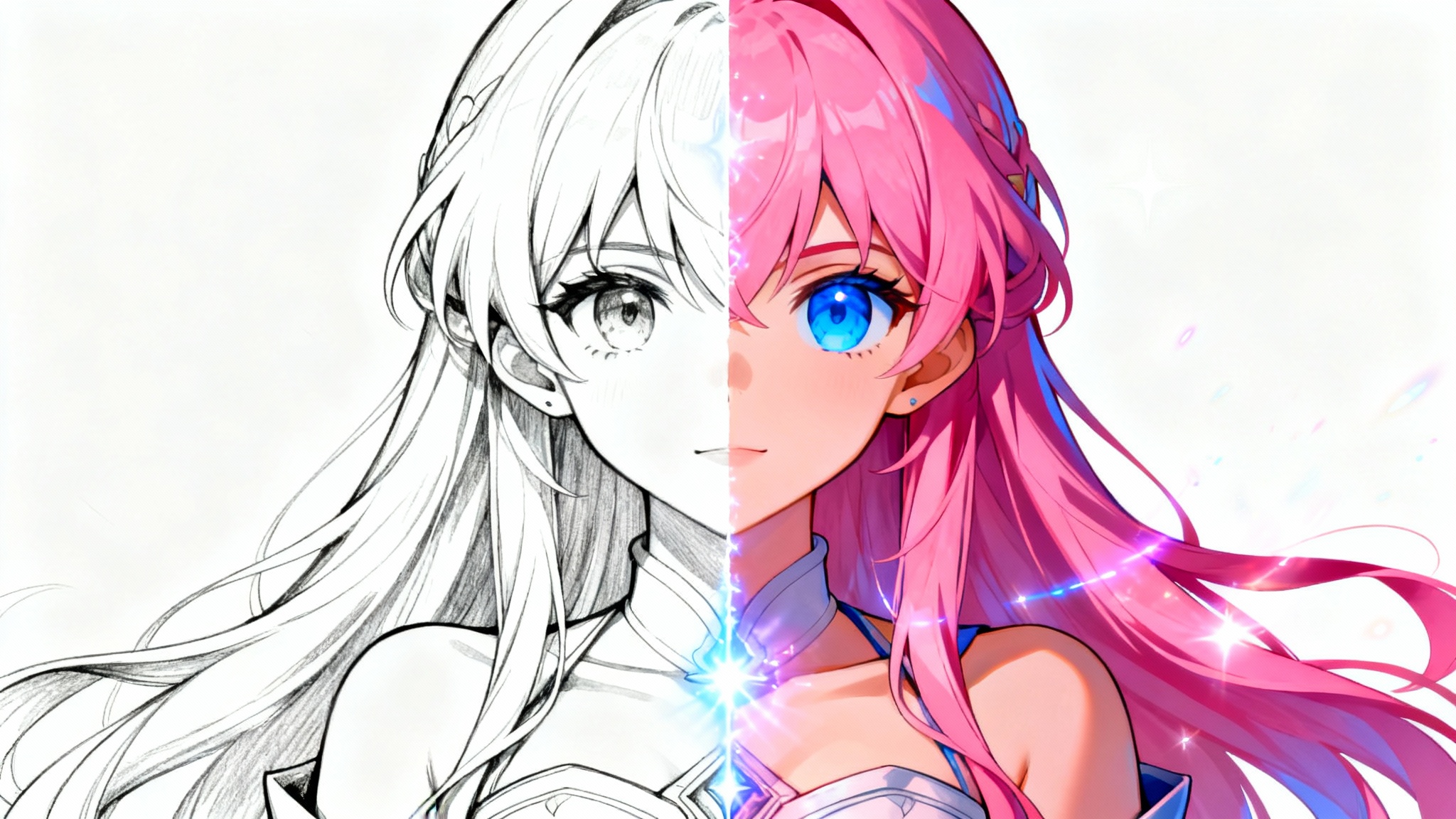 An anime character illustration, half of which is a black and white line art sketch and the other half is fully colored in vibrant pink and blue, demonstrating a digital coloring effect against a white background.