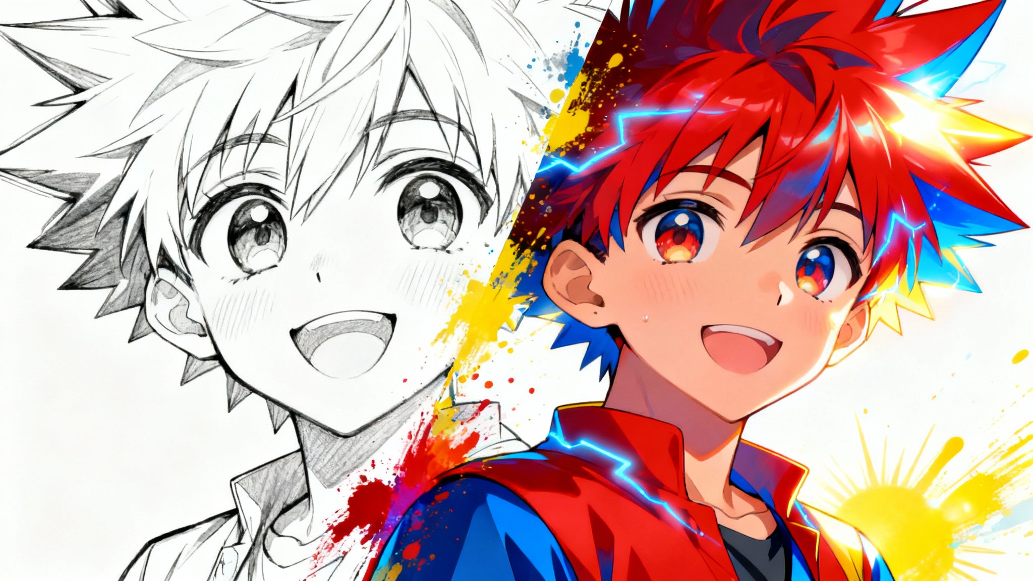 An anime illustration split into two styles: one half is a black-and-white line drawing, and the other is the same image fully colored with vibrant, professional shading, demonstrating the process of coloring anime.