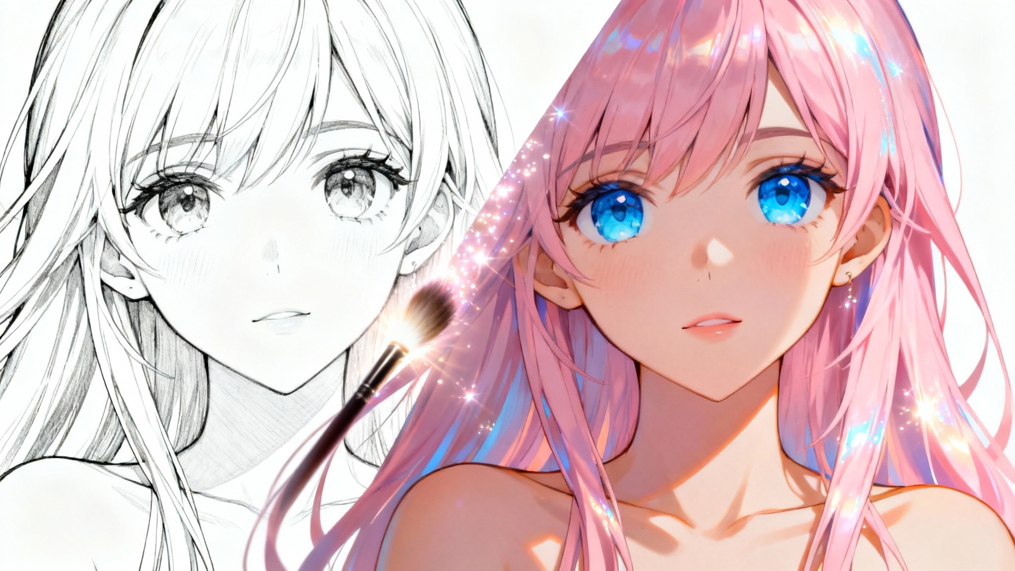 A close-up of an anime character's face, эффектыsplit diagonally to show a before-and-after coloring effect. One half is black-and-white line art, and the other is fully and vibrantly colored.