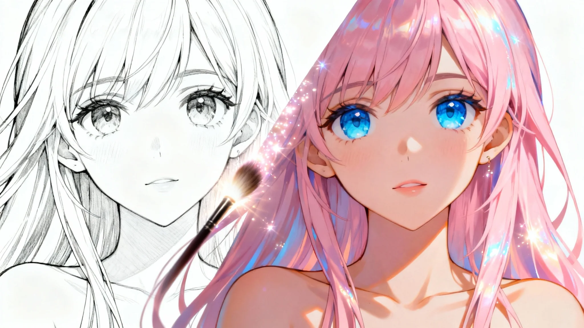 A close-up of an anime character's face, эффектыsplit diagonally to show a before-and-after coloring effect. One half is black-and-white line art, and the other is fully and vibrantly colored.