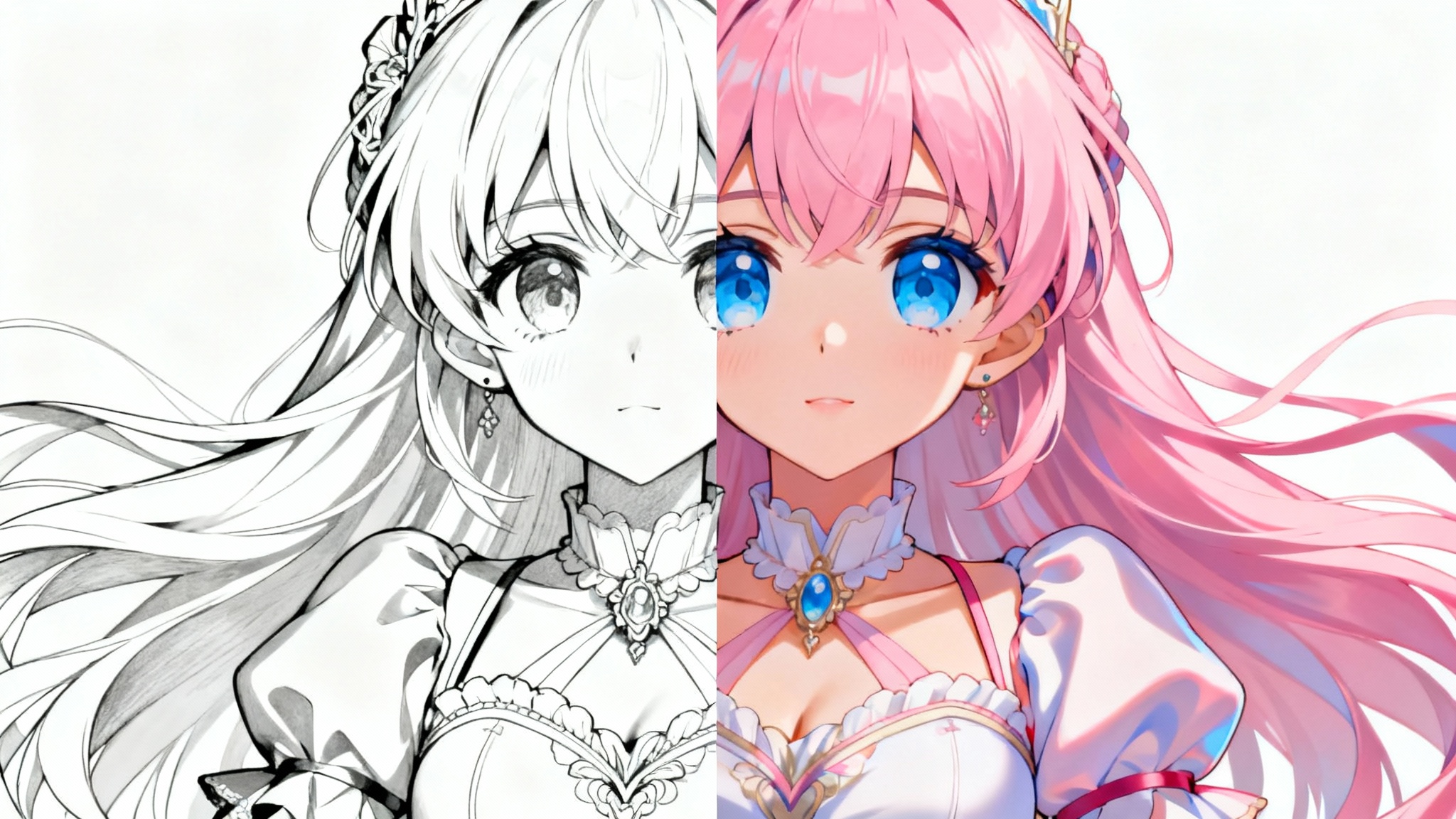 A split-screen anime illustration showing the coloring process. The left side features a black and white line drawing of a magical girl, while the right side shows the same image fully colored in vibrant detail.