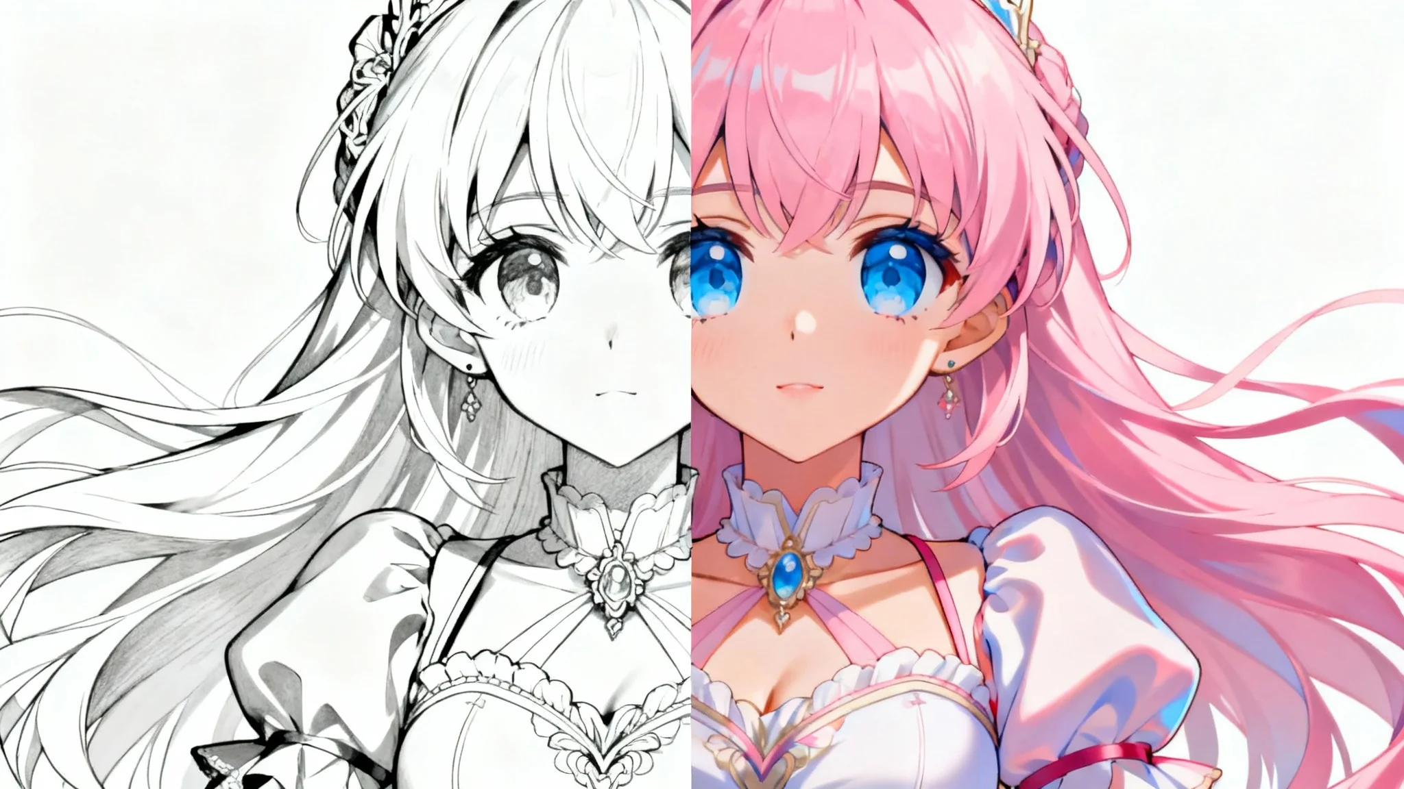 A split-screen anime illustration showing the coloring process. The left side features a black and white line drawing of a magical girl, while the right side shows the same image fully colored in vibrant detail.