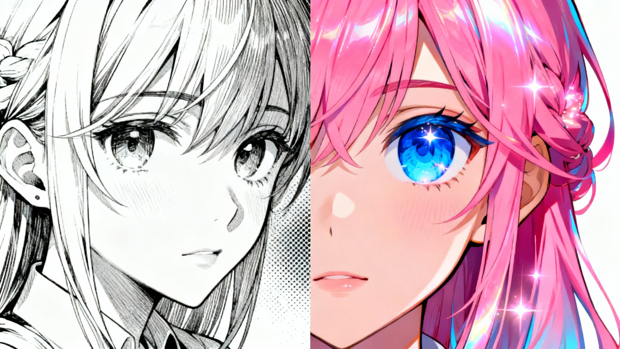 An anime illustration showing a split view of a girl's face. The left side is in black and white manga style, and the right side is in full, vibrant color, demonstrating a coloring effect.