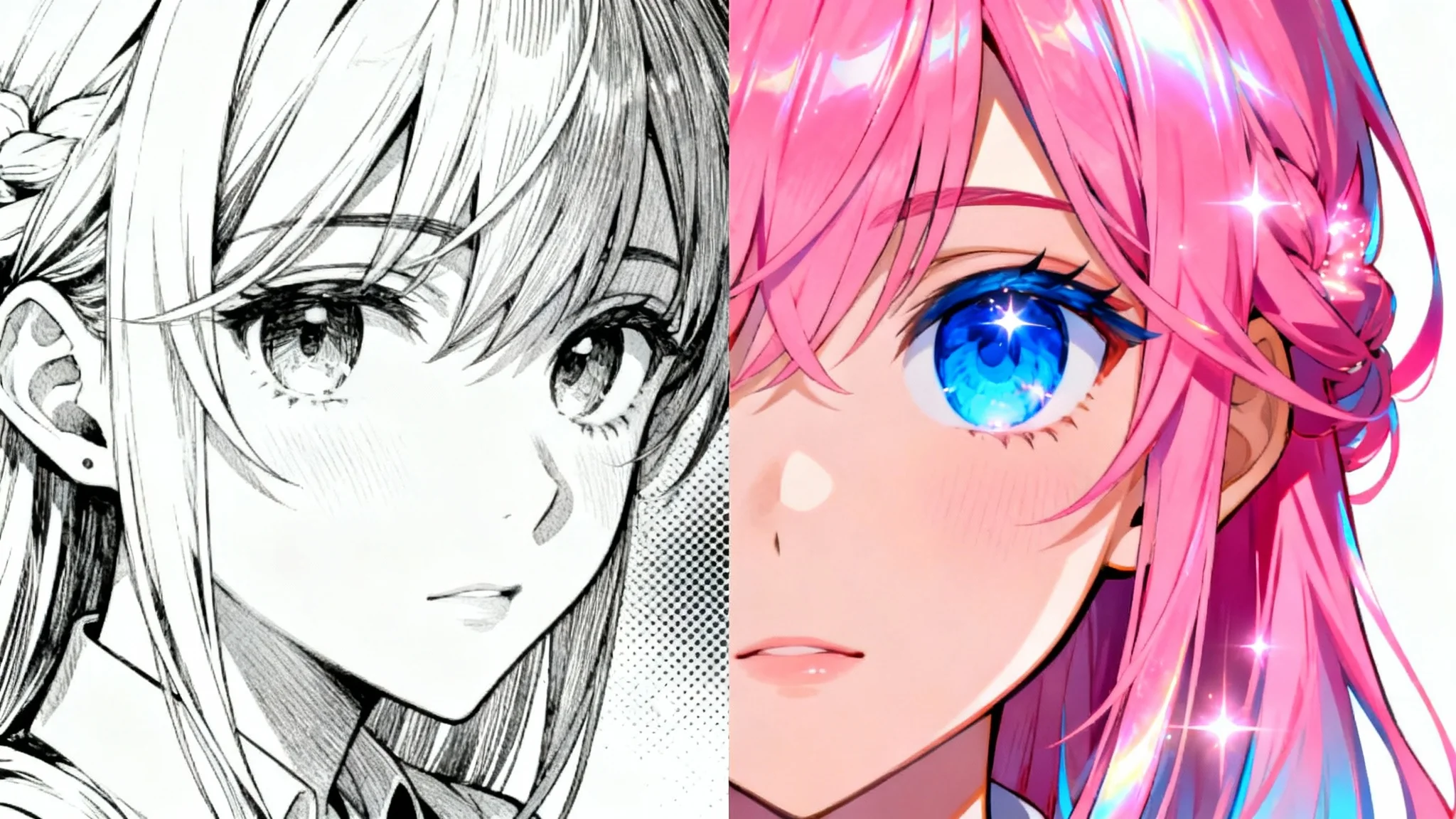 An anime illustration showing a split view of a girl's face. The left side is in black and white manga style, and the right side is in full, vibrant color, demonstrating a coloring effect.