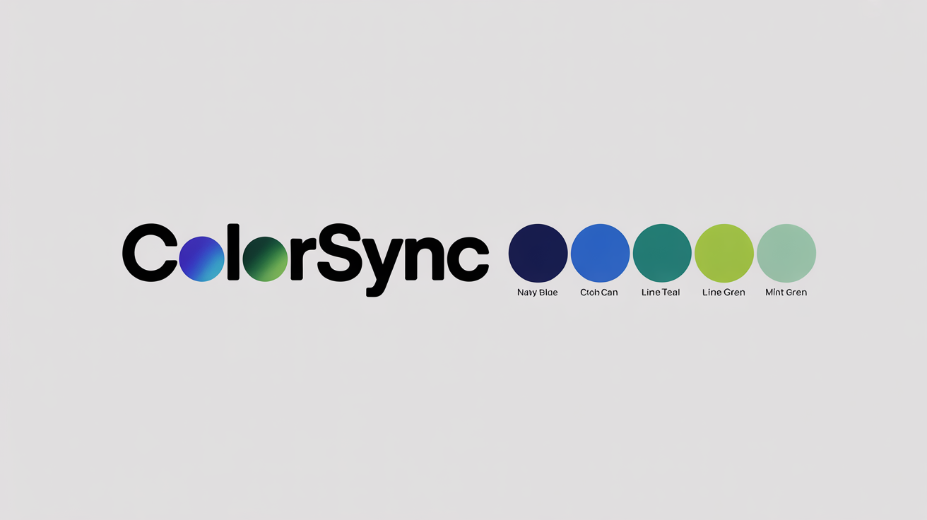 A design layout showing the 'ColorSync' logo with its blue-to-green gradient icon. Next to it is a generated color palette with five circular swatches in shades of blue and green, each with a hex code, demonstrating a color palette extraction tool's final result.