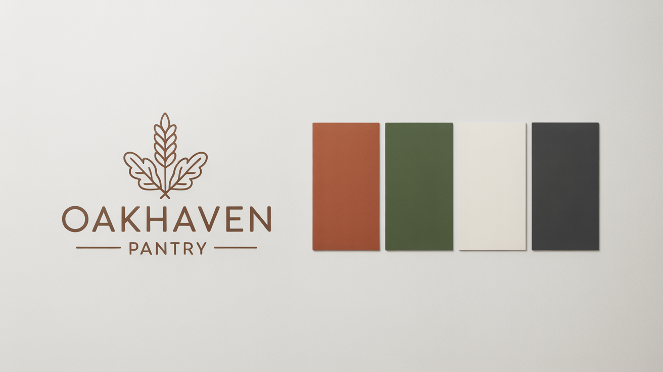A brand identity mockup showing the logo and color palette for a fictional bakery, 'Oakhaven Pantry'. The logo is a wheat stalk and an oak leaf, next to four color swatches: terracotta, forest green, cream, and charcoal.