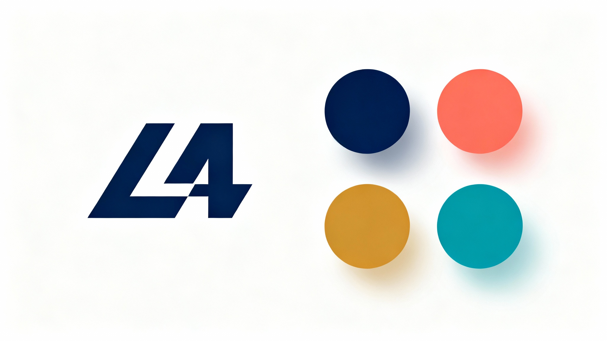 A minimalist abstract logo next to four circular swatches representing its color palette of navy, coral, ochre, and teal, on a clean white background.