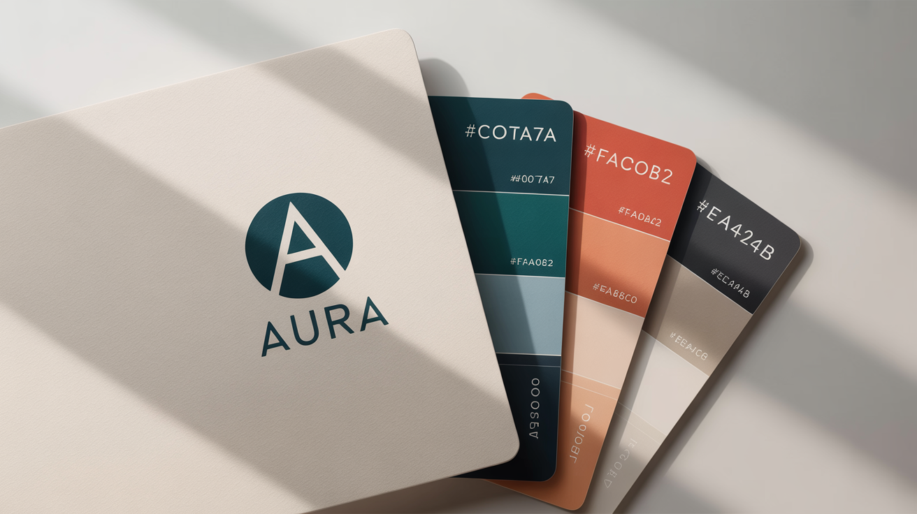 A minimalist brand identity mockup showing a circular logo with a stylized 'A' next to four color swatches in teal, coral, beige, and charcoal, all on a clean white background.