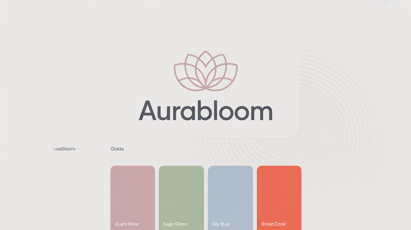 A mockup of a logo for the brand 'AuraBloom', featuring a stylized lotus flower, with a corresponding color palette of dusty rose, sage green, sky blue, and coral displayed as swatches below it.