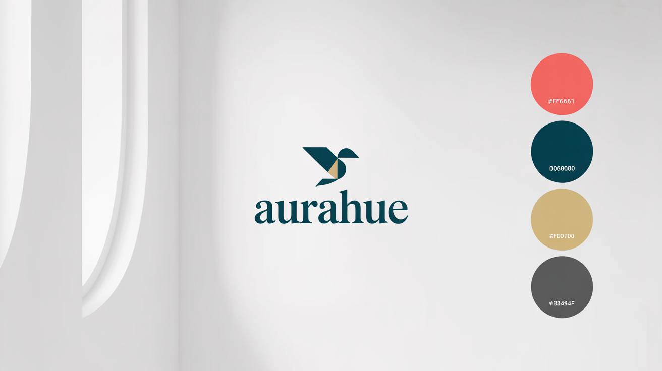 A minimalist logo of a geometric bird, for the brand 'AuraHue', displayed next to its color palette of coral, teal, gold, and charcoal gray on a clean white background.