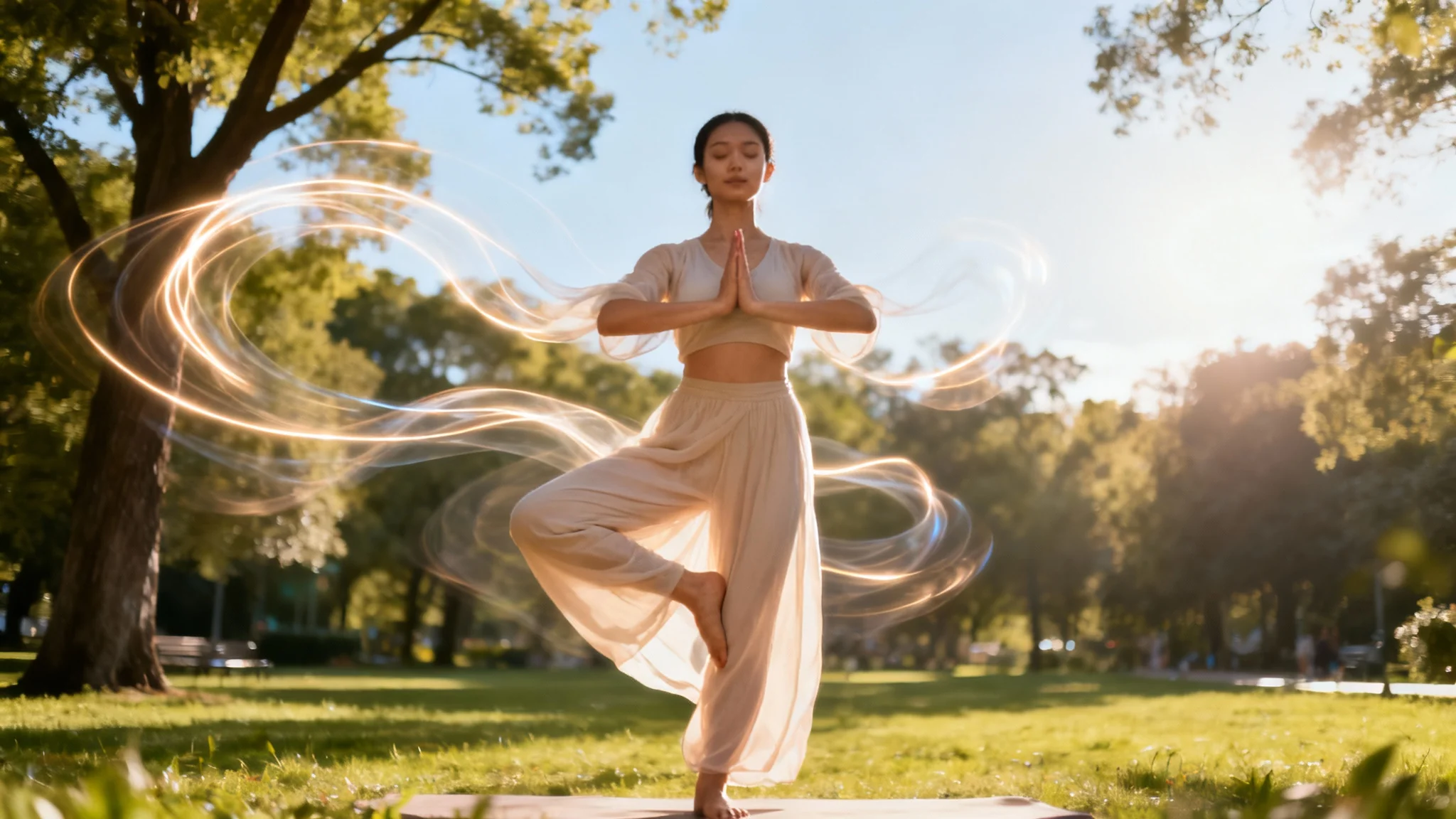 An animated image of a woman performing yoga in a park, with glowing light trails illustrating her fluid movements between poses, demonstrating an animation effect.