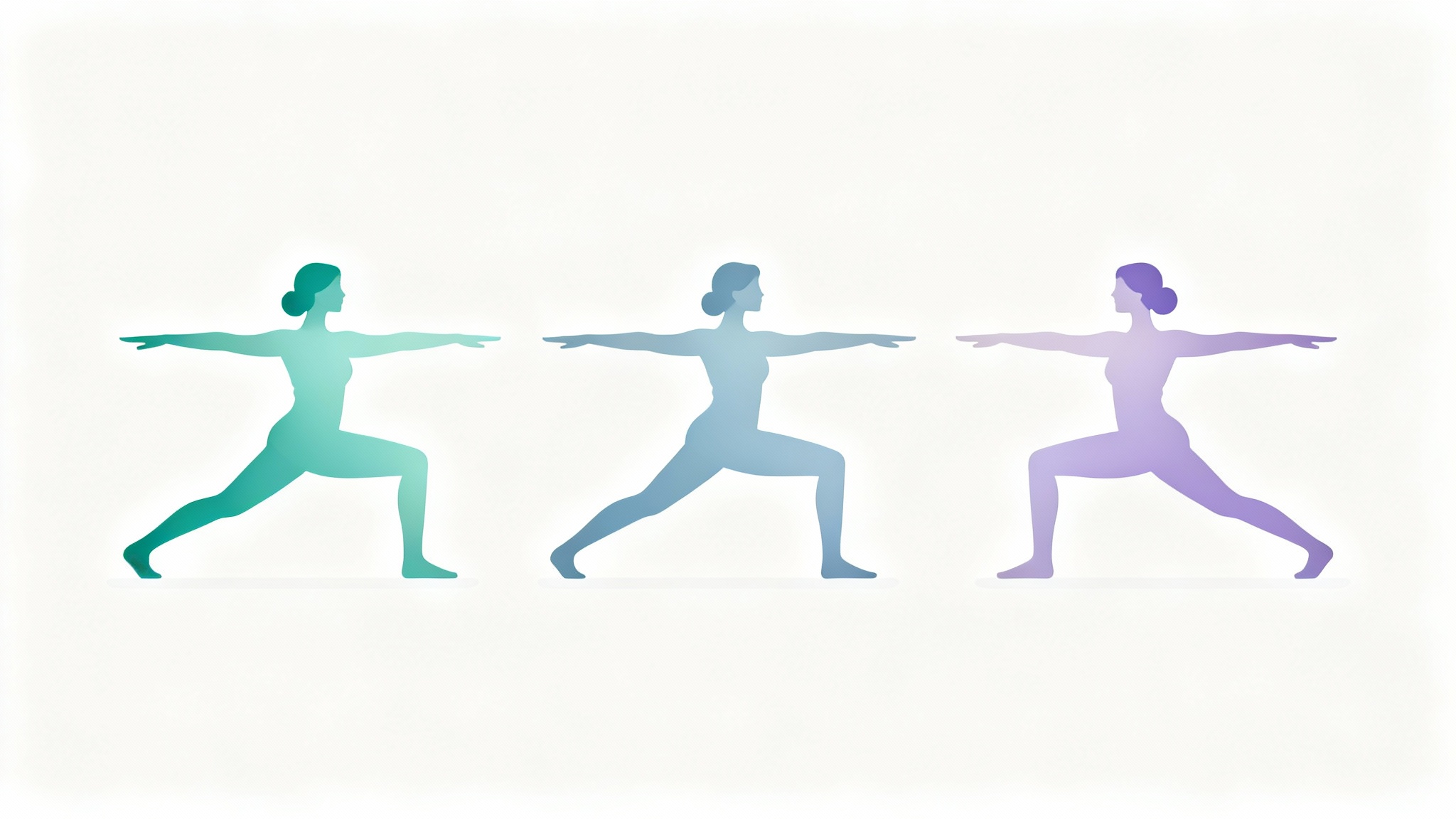 A stylized illustration showing an animated sequence of a person moving through a yoga flow from a lunge to Warrior I pose, against a clean white background.
