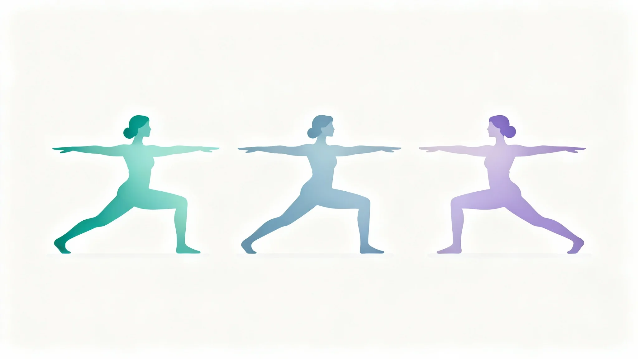 A stylized illustration showing an animated sequence of a person moving through a yoga flow from a lunge to Warrior I pose, against a clean white background.