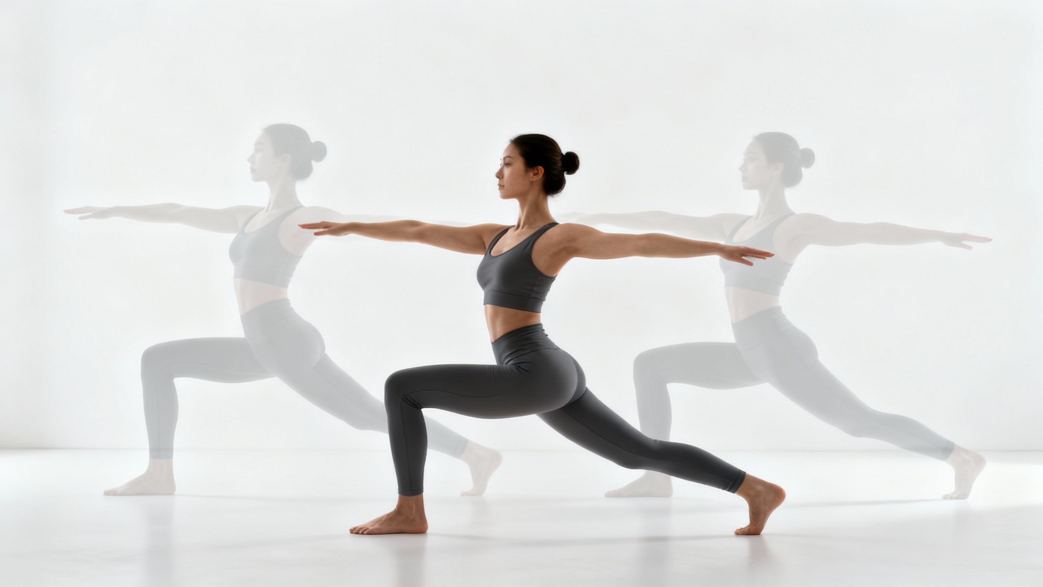 A conceptual image showing a yoga pose animation, with three overlapping, semi-transparent figures of a woman transitioning through a yoga flow against a clean white background.