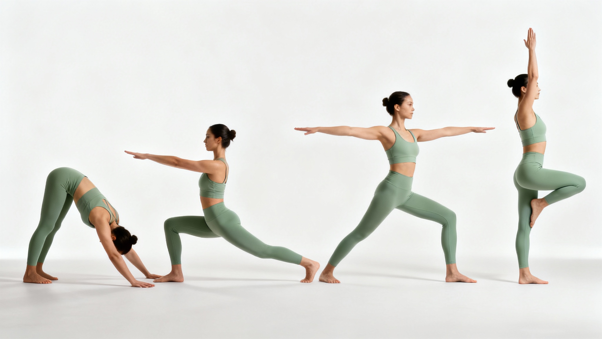 A woman in sage green yoga clothes is shown in four sequential poses, forming an arc to represent a yoga animation. The poses flow from Downward-Dog to Low Lunge, Warrior I, and finally Mountain Pose, all against a clean white background.