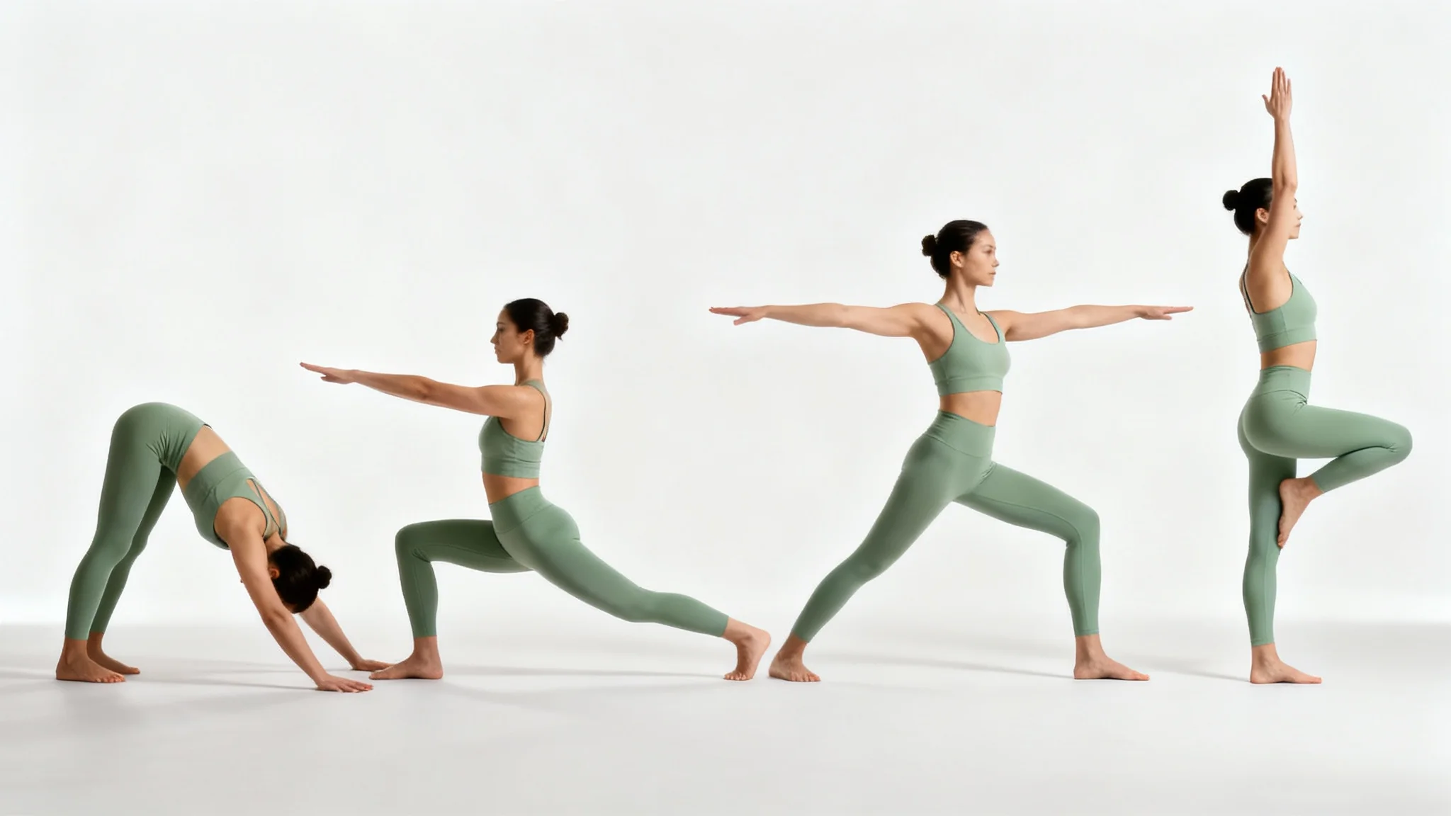 A woman in sage green yoga clothes is shown in four sequential poses, forming an arc to represent a yoga animation. The poses flow from Downward-Dog to Low Lunge, Warrior I, and finally Mountain Pose, all against a clean white background.