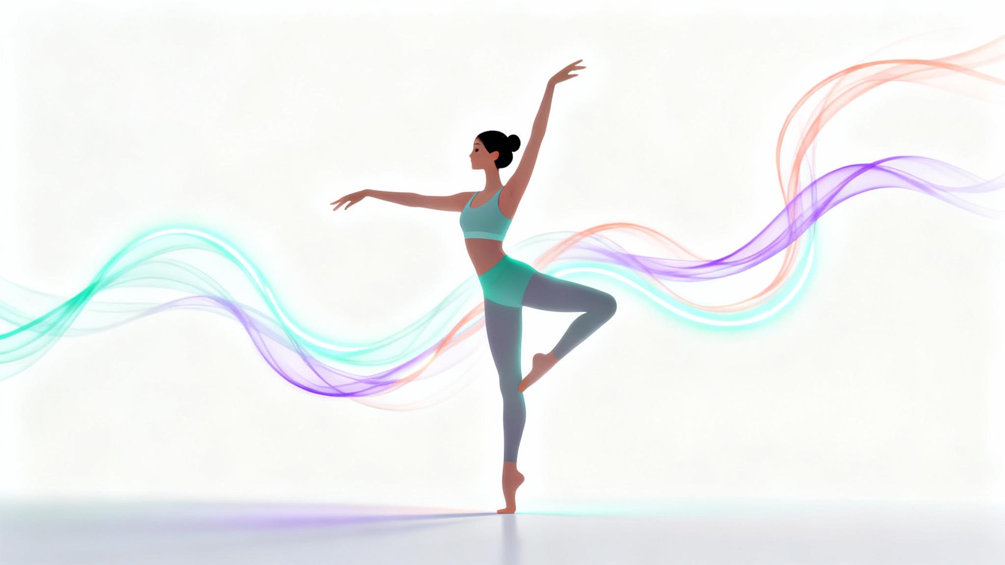 A stylized illustration of a person in a graceful yoga pose against a white background, with colorful light trails suggesting animated movement.