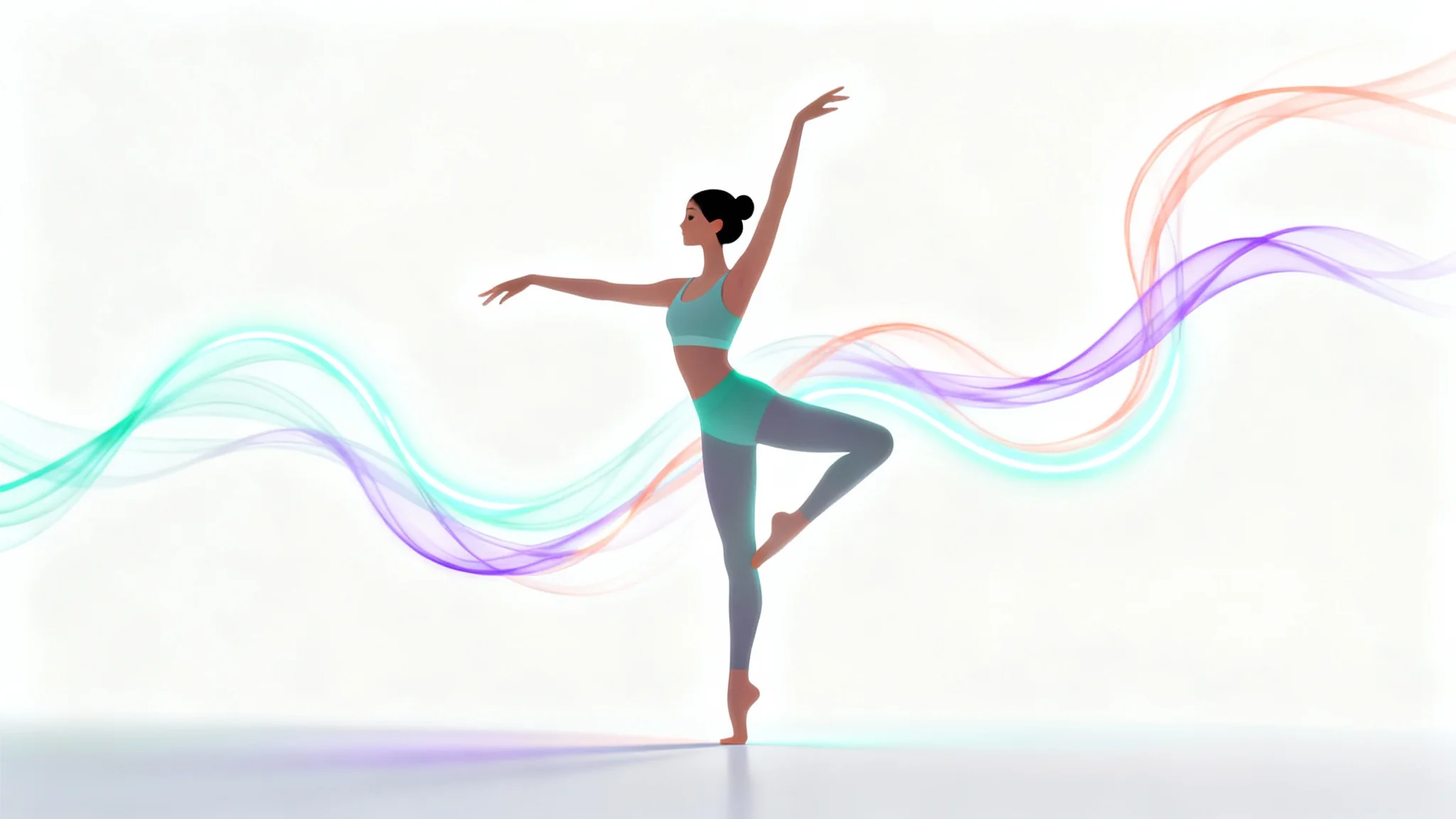 A stylized illustration of a person in a graceful yoga pose against a white background, with colorful light trails suggesting animated movement.
