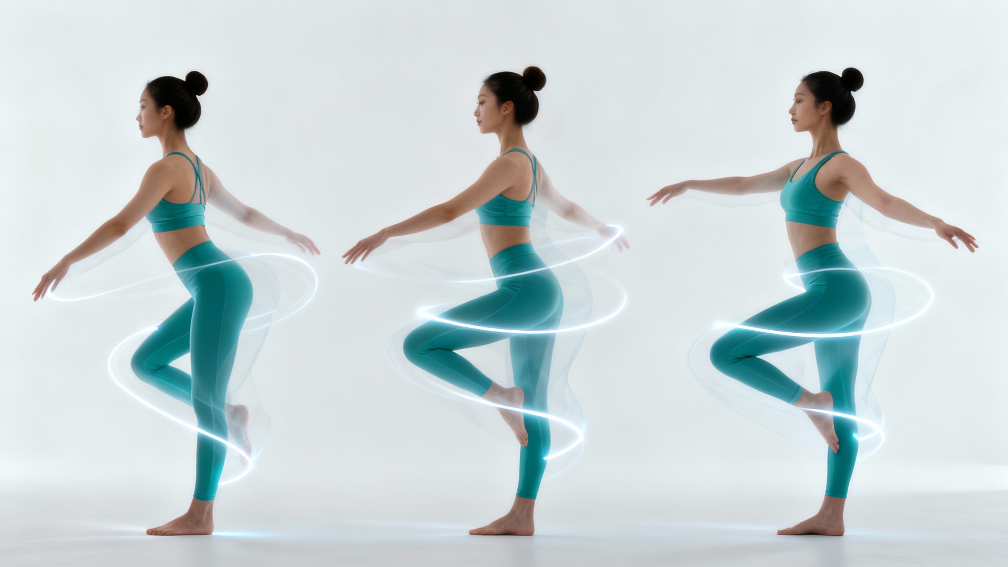 A woman in a stop-motion sequence, demonstrating the fluid animation of a yoga pose transition against a clean white background.