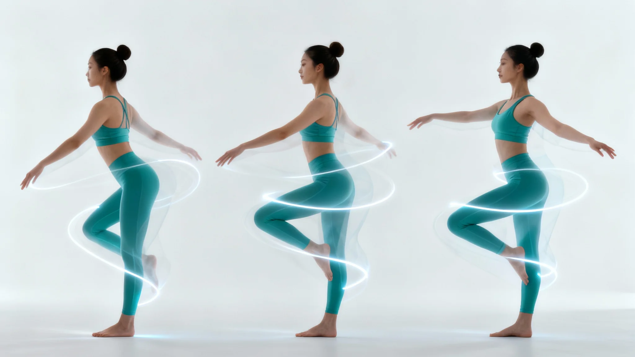 A woman in a stop-motion sequence, demonstrating the fluid animation of a yoga pose transition against a clean white background.