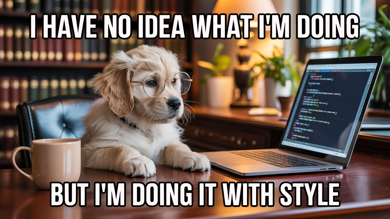 A finished meme showing a golden retriever wearing glasses at a computer. The top text says 'I HAVE NO IDEA WHAT I'M DOING' and the bottom text says 'BUT I'M DOING IT WITH STYLE'.